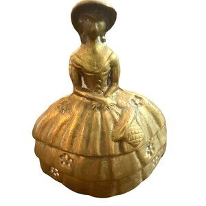 Antique Brass Bell Vintage Shaped Like Girl Hoop Skirt Bonnet with Basket